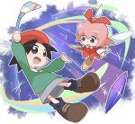  2girls adeleine beret black_hair blue_eyes brown_footwear commentary crystal dress fairy fairy_wings green_shirt grey_skirt hair_ribbon hat kirby_(series) kirby_64 multiple_girls open_mouth paintbrush pink_hair poyo_party red_dress red_headwear red_ribbon ribbon ribbon_(kirby) shirt shoes short_hair skirt smile sparkle watercolor_background wings 