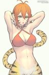  1girl animal_ears bikini bikini_top_only breasts breath_of_fire breath_of_fire_ii cat_tail cleavage facial_mark furry furry_female gofelem green_eyes navel open_mouth orange_hair pointy_ears rinpoo_chuan short_hair simple_background solo swimsuit tail 
