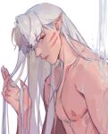  1boy closed_mouth commentary_request facial_mark hand_up inuyasha long_hair looking_at_viewer male_focus mmmilk nipples nude pointy_ears sesshoumaru showering simple_background upper_body water wet wet_hair whisker_markings white_background white_hair yellow_eyes 