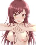  1girl bangs blush breasts brown_hair collarbone eyebrows_visible_through_hair idolmaster idolmaster_shiny_colors interlocked_fingers long_hair looking_at_viewer medium_breasts ni_ni_take nipples nude oosaki_amana open_mouth own_hands_clasped own_hands_together simple_background smile solo swept_bangs upper_body white_background yellow_eyes 