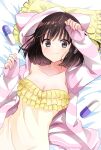  1girl animal_hood black_eyes breasts brown_hair capsule cleavage collarbone enkichi_totan hanabatake_moe highres hood hoodie long_sleeves looking_at_viewer lying object_hug on_back on_bed open_clothes open_hoodie pillow pillow_hug solo station_memories twitter_username 