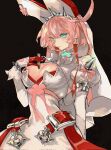  1girl ahoge animal_ears belt black_background blue_eyes breasts bridal_veil bullet cleavage clover dress elphelt_valentine fake_animal_ears found_modori four-leaf_clover gloves grey_background guilty_gear guilty_gear_xrd hand_on_own_chest highres holding huge_ahoge large_breasts looking_at_viewer looking_to_the_side object_on_breast pink_hair rabbit_ears short_hair simple_background solo spikes veil wedding_dress white_dress white_gloves 