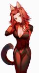  1girl absurdres animal_ear_fluff animal_ears arm_behind_back biker_clothes bikesuit bodysuit breasts brown_eyes cleavage closed_mouth cowboy_shot dog_ears dog_tail eyes_visible_through_hair head_tilt highres izayoi_aki kemonomimi_mode large_breasts light_smile long_hair looking_at_viewer naoki_(2rzmcaizerails6) partially_unzipped red_bodysuit red_hair simple_background solo standing tail white_background yu-gi-oh! yu-gi-oh!_5d&#039;s 