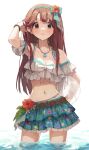  absurdres adjusting_hair arm_up blue_skirt bow breasts brown_eyes brown_hair cleavage collarbone flower frilled_skirt frilled_swimsuit frills hair_bow hair_flower hair_ornament hairband hano9789 highres idolmaster idolmaster_million_live! idolmaster_million_live!_theater_days light_blush long_hair looking_at_viewer medium_breasts navel parted_lips shell_necklace skirt solo standing stomach swimsuit tanaka_kotoha water wet wrist_straps 