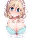  1girl alice-type_underwear alice_margatroid blonde_hair blue_bra blue_eyes bow bow_bra bra breasts capelet cleavage commentary_request hairband highres kuresento large_breasts lolita_hairband red_hairband short_hair simple_background solo touhou underwear white_background 