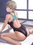  1girl ass barefoot black_swimsuit brown_eyes commentary_request competition_swimsuit from_behind grey_hair hashi looking_at_viewer looking_back multicolored_clothes multicolored_swimsuit one-piece_swimsuit original short_hair sitting solo swimsuit wardrobe_malfunction wariza 