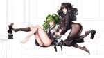  2girls absurdres ass bangs barefoot black_footwear black_gloves black_hair black_legwear black_neckwear black_shirt black_skirt blush breasts closed_mouth clothes_pull collarbone couch dinergate_(girls&#039;_frontline) eyebrows_visible_through_hair feet full_body girls&#039;_frontline gloves green_hair grey_eyes highres jewelry legs legs_up lips long_hair looking_at_viewer m950a_(girls&#039;_frontline) medium_breasts multiple_girls no_shoes panties pantyhose red_neckwear ring scarecrow_(girls&#039;_frontline) school_uniform serafuku shirt shoe_dangle shoes simple_background single_sock sitting skirt skirt_pull smile socks soles thighs toes twintails underwear von.franken white_panties white_shirt yellow_eyes 