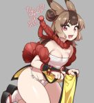  1girl agawa_ryou animal_ears bandages bangs breasts brown_hair chest_sarashi fundoshi grey_background hair_bun japanese_clothes looking_at_viewer original red_eyes sarashi simple_background small_breasts solo thick_eyebrows thick_thighs thighs 