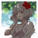  1girl ahoge blurry blurry_background breasts dated enkichi_totan flower grey_eyes grey_hair hair_flower hair_ornament hair_tucking happy_birthday hibiscus medium_hair rendaiji_mio small_breasts solo station_memories upper_body 