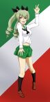  1girl absurdres ada_badguy anchovy_(girls_und_panzer) blush breasts drill_hair full_body girls_und_panzer green_hair hair_ribbon highres italian_flag long_hair medium_breasts midriff miniskirt navel ooarai_school_uniform open_mouth pleated_skirt red_eyes ribbon school_uniform shiny shiny_hair simple_background skirt smile solo standing twin_drills twintails w 