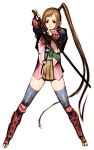  1girl armor brown_eyes brown_hair closed_mouth full_body japanese_clothes long_hair looking_at_viewer onimusha:_dawn_of_dreams sakamoto_mineji side_ponytail simple_background skirt smile solo thighhighs weapon white_background yagyuu_juubei_(dawn_of_dreams) 