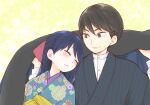 1boy 1girl ^_^ bangs black_hair blanket blue_kimono blush brother_and_sister closed_eyes closed_mouth dark_blue_hair eyebrows_visible_through_hair facing_to_the_side floral_print green_background grey_eyes half_updo han&#039;eri hands_up happy head_on_another&#039;s_shoulder high_collar japanese_clothes kikumon kimono leaning_on_person leaning_to_the_side lens_flare long_hair long_sleeves looking_at_another looking_to_the_side obiage official_art print_kimono puffy_long_sleeves puffy_sleeves sana_(memechi) shima_tamahiko shima_tamako siblings side-by-side sleeping sleeping_on_person sleeping_upright smile sparkle_background striped striped_kimono swept_bangs taisho_otome_otogibanashi taishou_otome_otogibanashi tsurime upper_body vertical-striped_kimono vertical_stripes 