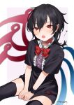  1girl :o asymmetrical_wings bangs between_legs black_dress black_hair black_legwear blush border bow bowtie center_frills dress eyebrows_visible_through_hair fang frills hair_between_eyes half-closed_eyes hand_between_legs highres houjuu_nue long_hair looking_away makita_(vector1525) open_mouth outside_border pointy_ears purple_background red_bow red_bowtie red_eyes short_sleeves signature simple_background sitting skin_fang solo thighhighs thighs touhou v_arms white_border wings 