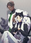  2boys :x animal_ears animal_on_stomach aragami_oga arm_rest armchair bangs black_gloves black_hair black_shirt bow bowtie brown_hair carrying carrying_under_arm chair closed_eyes collared_shirt creature creature_on_shoulder crossed_legs dark-skinned_male dark_skin elbow_rest eye_contact fingers_together forehead formal gloves green_eyes green_necktie half_gloves holostars horns interlocked_fingers jackal_boy jackal_ears jackal_tail jacket kageyama_shien lapel_pin long_necktie looking_at_another looking_down looking_up mafia_(holostars) male_focus multicolored_hair multiple_boys namakawa necktie on_shoulder pale_skin pants parted_bangs parted_lips purple_bow purple_bowtie shadow shirt simple_background single_horn sitting smile standing streaked_hair stuffed_animal stuffed_bunny stuffed_toy tail two-tone_hair two-tone_vest v-shaped_eyebrows vest virtual_youtuber waistcoat white_hair white_jacket white_pants white_vest yawning yellow_eyes 