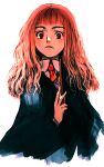  1girl brown_eyes brown_hair closed_mouth gryffindor harry_potter_(series) hermione_granger hogwarts_school_uniform holding long_hair looking_at_viewer lowres necktie sakamoto_mineji school_uniform simple_background solo wand white_background 