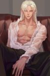  1boy black_pants collared_shirt facial_mark feet_out_of_frame forehead_mark highres inuyasha long_hair long_sleeves looking_at_viewer male_focus mmmilk nipples open_clothes open_shirt pants pectoral_cleavage pectorals pointy_ears sesshoumaru shirt sitting solo whisker_markings white_hair white_shirt yellow_eyes 