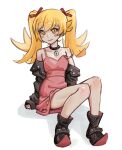  1girl ankle_boots bakemonogatari bangs bare_legs bare_shoulders black_choker black_jacket blonde_hair blush_stickers boots choker collarbone cosplay dress hair_ribbon highres jacket long_hair looking_at_viewer marnie_(pokemon) marnie_(pokemon)_(cosplay) monogatari_(series) open_clothes open_jacket pink_dress pokemon pokemon_(game) pokemon_swsh red_ribbon ribbon ricman_rt sitting strap_slip twintails yellow_eyes 