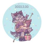  2boys :o animal_ears bandaid bandaid_on_face bandaid_on_nose birthday box carrying_over_shoulder chain chibi colored_sclera confetti dated dog_boy full_body furry furry_male garmr_(housamo) gift gift_box hs_640 male_focus master_1_(housamo) multiple_boys official_alternate_costume one_eye_closed sunglasses tail tokyo_afterschool_summoners 