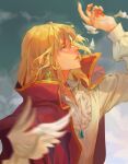  1boy blonde_hair blurry blurry_background blurry_foreground chinese_commentary cloud cloudy_sky coat coat_on_shoulders commentary_request earrings green_eyes hand_up highres howl_(howl_no_ugoku_shiro) howl_no_ugoku_shiro jewelry long_hair long_sleeves male_focus mmmilk outdoors red_coat shirt sky upper_body white_bird white_shirt 