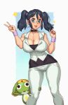  1girl absurdres black_hair black_nails blue_eyes blush breasts cleavage collar eyebrows_visible_through_hair glasses highres hinata_aki keroro keroro_gunsou large_breasts lips parted_lips pince-nez riz short_hair short_twintails smile twintails v 