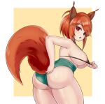  1girl :o adjusting_clothes adjusting_swimsuit animal_ears areolae ass bikini_tug breasts commission fox_ears fox_girl fox_tail highres large_breasts looking_back medium_hair nav orange_hair original red_eyes shortstack sideboob solo swimsuit tail thick_thighs thighs 