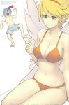  1boy 1girl angel_wings bare_shoulders blonde_hair blush breasts breath_of_fire breath_of_fire_iii cleavage closed_mouth earrings gameplay_mechanics gofelem green_eyes jewelry navel nina_(breath_of_fire_iii) open_mouth ryuu_(breath_of_fire_iii) short_hair swimsuit white_wings wings 