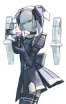  1girl black_gloves blue_eyes character_request closed_mouth gloves gun looking_at_viewer phantasy_star phantasy_star_online sakamoto_mineji short_hair simple_background skirt solo thighhighs weapon white_background white_hair 