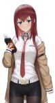  1girl bangs belt black_legwear black_shorts blue_eyes blush bottle brown_coat coat collared_shirt cowboy_shot dr_pepper fook_(gcts5284) hair_between_eyes highres holding holding_bottle legwear_under_shorts long_hair long_sleeves looking_at_viewer makise_kurisu necktie open_clothes open_coat pantyhose parted_lips red_hair red_necktie shiny shiny_hair shirt short_shorts shorts simple_background sleeves_past_wrists solo standing steins;gate straight_hair sweatdrop white_background white_belt white_shirt wing_collar 