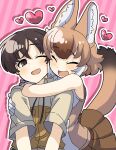  1boy 1girl animal_ears bare_shoulders blush brown_eyes brown_hair brown_shirt brown_skirt bunngaku_mayuge captain_(kemono_friends) closed_eyes collared_shirt commentary_request dhole_(kemono_friends) dog_ears dog_girl dog_tail extra_ears eyebrows_visible_through_hair highres hug kemono_friends kemono_friends_3 khakis multicolored_hair one_eye_closed pleated_skirt shirt short_hair short_sleeves skirt sleeveless tail two-tone_hair two-tone_shirt uniform white_hair white_shirt 