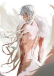  1boy artist_name blood_on_arm blood_on_chest closed_mouth commentary_request facial_mark from_behind highres inuyasha long_hair male_focus missing_limb mmmilk nude profile sesshoumaru solo upper_body whisker_markings white_hair 
