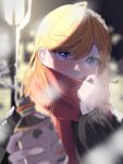  1girl absurdres bangs blonde_hair blurry blurry_foreground eyebrows_visible_through_hair hair_between_eyes highres holding long_hair long_sleeves looking_at_viewer love_live! love_live!_superstar!! n_aaa01 night outdoors purple_eyes red_scarf scarf shibuya_kanon solo upper_body winter 