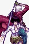  1boy 1girl black_hair blue_eyes breasts cleavage closed_mouth dante_(devil_may_cry) devil_may_cry_(series) devil_may_cry_3 fingerless_gloves gloves gun heterochromia lady_(devil_may_cry) navel red_eyes sakamoto_mineji scar scar_on_face scar_on_nose short_hair simple_background sword weapon white_background white_hair 
