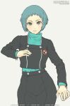  1girl aqua_hair blush breasts brown_eyes commentary gekkoukan_high_school_uniform gofelem hand_on_own_chest looking_at_viewer persona persona_3 school_uniform short_hair simple_background skirt solo watermark yamagishi_fuuka 