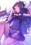  1girl armpits bare_arms bare_legs barefoot bed_sheet black_hair black_ribbon blush breasts choker cleavage closed_mouth eyelashes from_above gradient_hair lingerie long_hair lying multicolored_hair negligee on_back original panties pillow purple_eyes purple_hair purple_panties ribbon ribbon_choker ryuinu side-tie_panties small_breasts solo straight_hair underwear very_long_hair 