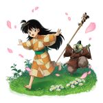  1boy 1girl barefoot brown_hair cherry_blossoms crossover demon flower grass happy inuyasha jaken japanese_clothes kimono long_hair non-web_source official_art othellonia outstretched_arms rin_(inuyasha) running spread_arms staff very_long_hair 