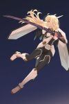  1girl aqua_eyes arm_guards armor blonde_hair bodysuit boots breastplate duel_monster floating floating_hair full_body heichi highres holding holding_sword holding_weapon long_hair looking_to_the_side mechanical_wings official_alternate_costume sky_striker_ace_-_raye sky_striker_mecha_-_eagle_booster solo sword weapon wings yu-gi-oh! 