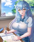  1girl :d ahoge aogami_high_school_uniform bangs blue_bow blue_bowtie blue_hair blue_nails blue_skirt blush bow bowtie braid breasts button_gap classroom collared_shirt colored_tips cowboy_shot daifuku_(yukihana_lamy) desk elf fang flower hair_between_eyes hair_flower hair_ornament half_updo highres hololive hololive_error large_breasts long_hair looking_at_viewer miniskirt multicolored_hair nekojima open_mouth plaid plaid_bow plaid_bowtie plaid_skirt pleated_skirt pointy_ears school school_desk school_uniform shirt short_sleeves sitting skirt smile snowflake_hair_ornament solo streaked_hair very_long_hair virtual_youtuber white_shirt yellow_eyes yukihana_lamy 