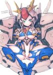  1girl armor artist_name bangs between_breasts blue_legwear blush breasts commentary dated eyebrows_visible_through_hair green_eyes gundam gundam_hathaway&#039;s_flash helmet highres large_breasts leotard looking_at_viewer mecha_musume pantyhose rondo_bell smile solo torn_clothes torn_legwear v-fin white_background white_hair xi_gundam 