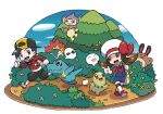  1boy 1girl aipom black_hair brown_hair bush chikorita cyndaquil ethan_(pokemon) highres lyra_(pokemon) musical_note official_art outdoors overalls pokemon pokemon_(game) pokemon_hgss sentret totodile tree walking 