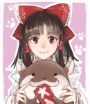  1girl bow detached_sleeves hair_bow hair_tubes hakurei_reimu highres holding long_hair looking_at_viewer red_eyes ribbon_trim shidaccc stuffed_animal stuffed_toy teddy_bear touhou 