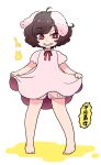  1girl ahoge bangs barefoot bloomers brown_hair clothes_lift dress dress_lift eyebrows_visible_through_hair floppy_ears full_body grin highres inaba_tewi lifted_by_self looking_to_the_side mashuu_masaki pink_dress puffy_short_sleeves puffy_sleeves red_eyes red_ribbon ribbon shiny shiny_hair short_dress short_hair short_sleeves simple_background smile solo standing teeth touhou translation_request underwear uneven_eyes white_background 