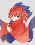  1girl blue_bow bow cape grey_background grin hair_bow high_collar highres long_sleeves looking_at_viewer red_cape red_eyes red_hair red_skirt sekibanki shidaccc shirt short_hair simple_background skirt smile solo touhou 