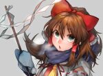  1girl bow brown_hair detached_sleeves gohei gradient gradient_background grey_background hair_bow hair_tubes hakurei_reimu highres long_hair looking_at_viewer red_bow ribbon scarf shidaccc solo touhou yellow_neckwear 