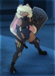  action_pose anthro blonde_hair bodysuit boots brown_body brown_fur bulge clothing club_(weapon) cometbun ears_down footwear fur gloves green_eyes hair handwear hi_res lagomorph leporid male mammal melee_weapon nightstick pivoted_ears police police_officer police_uniform police_vest pose rabbit shield skinsuit solo sorbet_(artist) standing tight_clothing uniform weapon yellow_body yellow_fur 