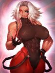  1girl abs adapted_costume aura black_gloves black_leotard breasts colored_sclera curvy fishnets fumio_(rsqkr) genderswap genderswap_(mtf) gloves green_eyes heterochromia highres large_breasts leotard medium_hair muscular omega_rugal powering_up red_sclera rugal_bernstein silver_hair solo suspenders the_king_of_fighters thick_thighs thighs 