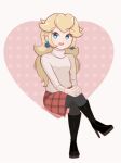  1girl alternate_costume artist_name bangs black_footwear blonde_hair boots chocomiru earrings eyebrows_visible_through_hair heart heart_background jewelry long_hair looking_at_viewer mario_(series) open_mouth pantyhose plaid plaid_skirt princess_peach red_skirt sitting skirt smile solo sweater tan_shirt turtleneck turtleneck_sweater 