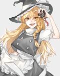  1girl apron blonde_hair bow braid gradient gradient_background grey_background hat highres kirisame_marisa long_hair looking_at_viewer open_mouth puffy_short_sleeves puffy_sleeves shidaccc short_sleeves smile solo touhou waist_apron white_bow witch_hat yellow_eyes 