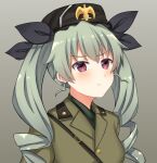  1girl :t anchovy_(girls_und_panzer) bangs belt benito_mussolini benito_mussolini_(cosplay) beret black_headwear black_ribbon black_shorts closed_mouth commentary cosplay dress_shirt drill_hair english_commentary eyebrows_visible_through_hair frown girls_und_panzer green_hair grey_background grey_jacket hair_ribbon hat highres insignia jacket long_hair looking_at_viewer military military_hat military_uniform portrait red_eyes ribbon sam_browne_belt shirt shorts simple_background solo starguard twin_drills twintails uniform 