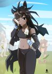  3girls absurdres animal_ears bare_legs black_hair black_legwear blue_sky bottle breasts brown_thoroughbred_(kemono_friends) chestnut_thoroughbred_(kemono_friends) cloud dark-skinned_female dark_skin day facing_viewer fingerless_gloves gloves headgear highres horse_ears horse_tail kemono_friends long_hair looking_at_viewer multiple_girls navel one_eye_closed open_mouth outdoors racetrack sky sports_bra sportswear sweat tail tommyyu4000 towel towel_around_neck water_bottle white_hair white_legwear white_thoroughbred_(kemono_friends) 