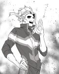  1boy biru_(k22_t20) boku_no_hero_academia closed_eyes cowboy_shot hand_on_hip hand_up highres jacket making-of_available male_focus monochrome multiple_sources open_mouth pants smile solo standing teeth white_background yagi_toshinori 